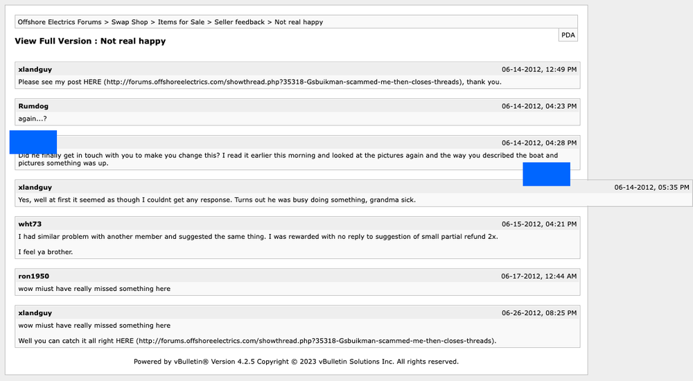The same forum thread with opaque rectangles overlaid at random positions.